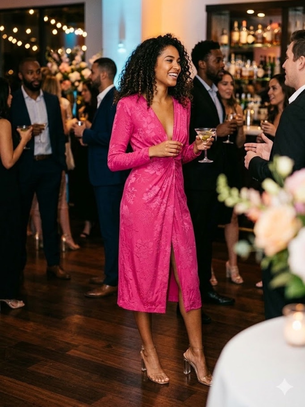 Zara hot pink floral jacquard long-sleeve midi dress deep V-neckline size small